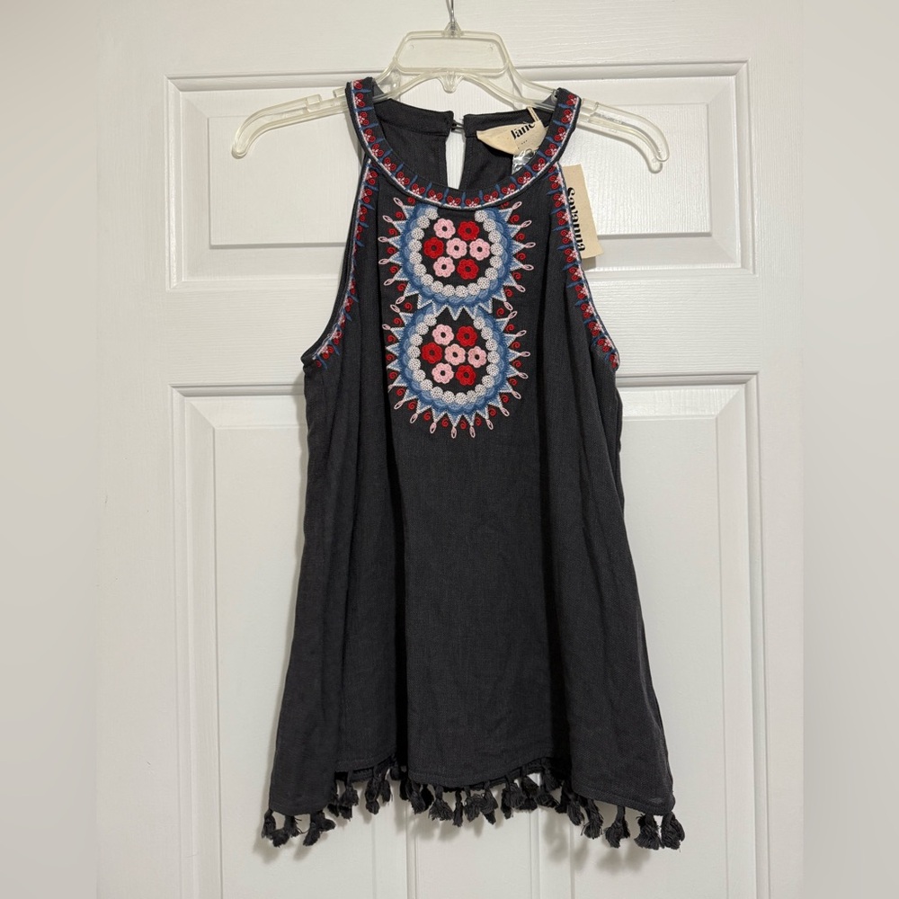 Savanna Jane Black Tank Top with Colorful Embroidery